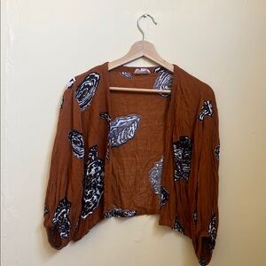 Anthropologie Brown and Blue Puff Sleeve Crop Blouse